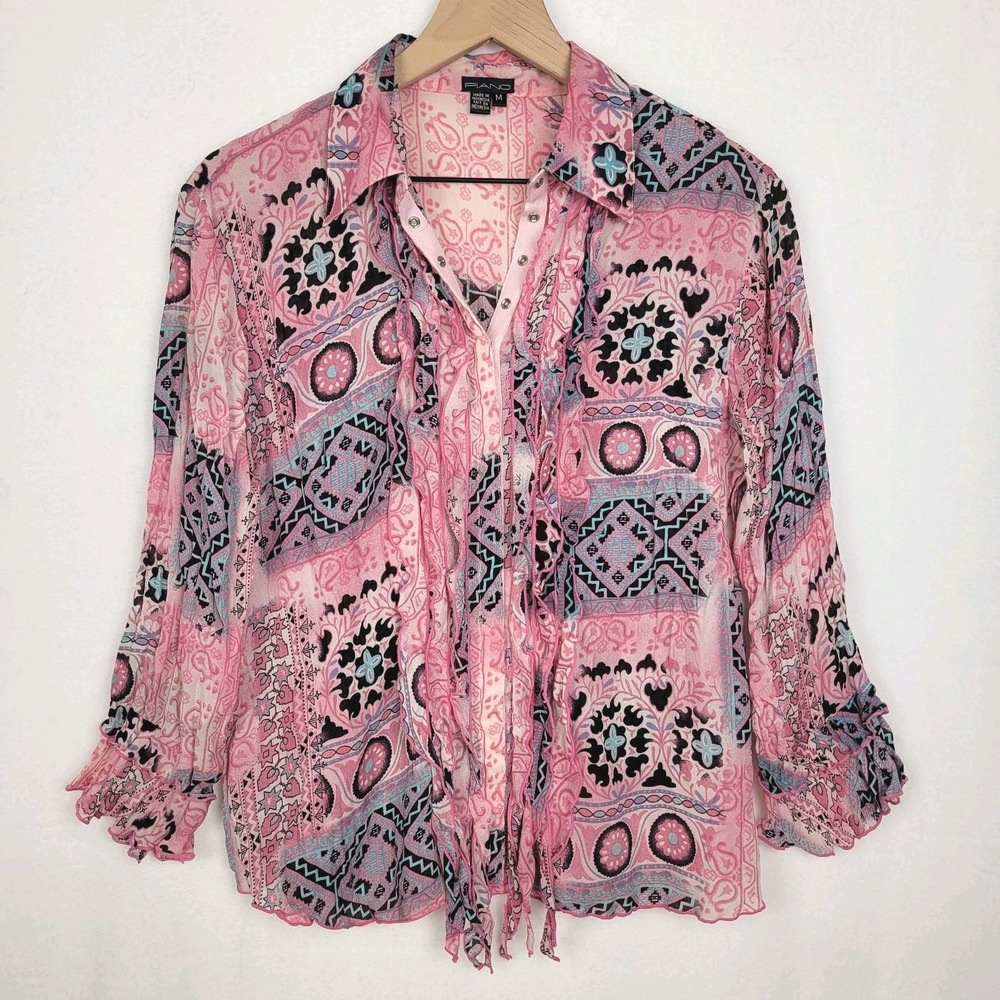 PIANO Pink Boho Mixed Print Ruffle Snap Front Blouse M Maximalist‎ Whimsical Y2K